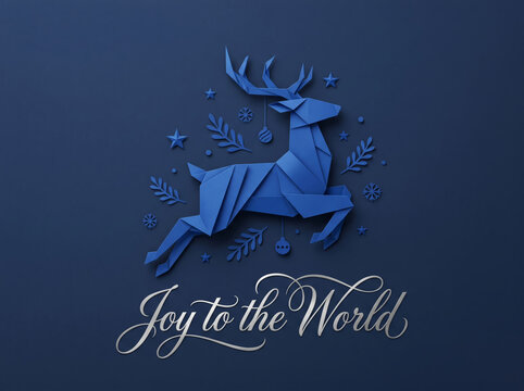 Blue paper art origami reindeer with Joy to the World calligraphy text on navy blue Christmas greeting card