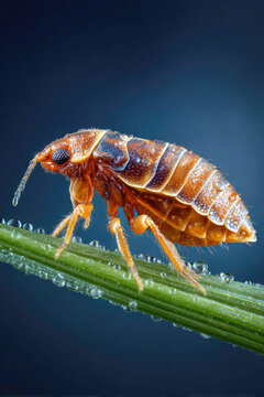 Macro close up of an orange brown flea with detailed body and legs covered in water droplets on a green blade of grass, arthropod nature photograph