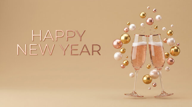 Happy New Year rose gold champagne glasses toasting with floating balls and bubbles on beige festive background