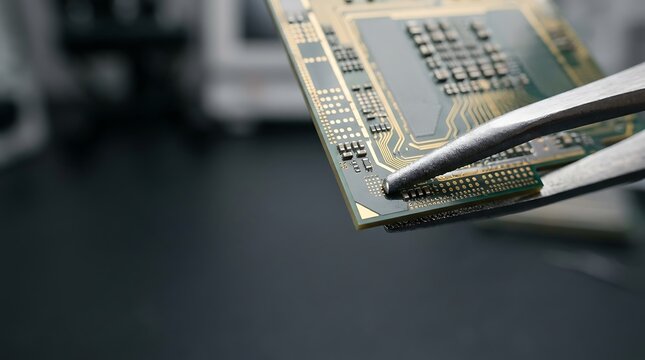 Tweezers inspecting computer processor chip during hardware repair.