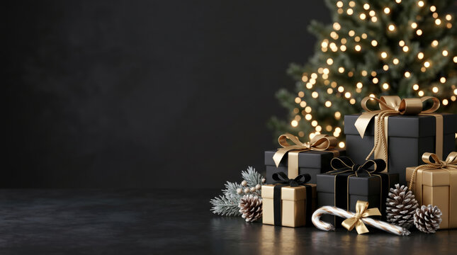 Luxury black and gold Christmas gift boxes with frosted pine branches candy cane pine cones under bokeh tree lights