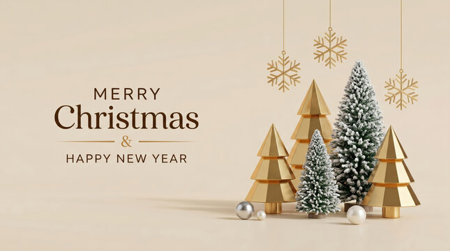 Merry Christmas and Happy New Year greeting card with gold and snowy Christmas trees snowflakes on beige background