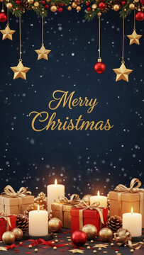 Merry Christmas gold script greeting card with candles gifts gold stars red ornaments and fir garland on dark navy background