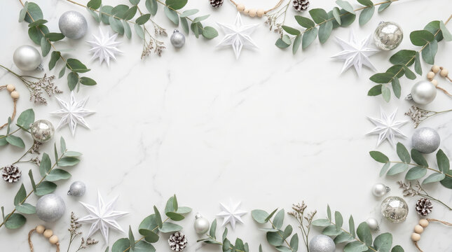 Minimal white Christmas frame with eucalyptus branches silver ornaments paper stars and pine cones on marble background