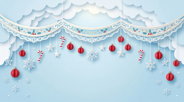 Paper art Christmas hanging garland with red ornaments candy canes snowflakes and lace banner on light blue background