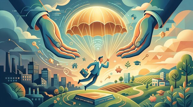 Business person under parachute supported by giant hands over landscape