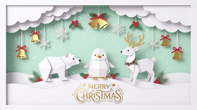 Paper art Merry Christmas card with origami polar bear penguin and reindeer gold bells snowflakes on mint green background