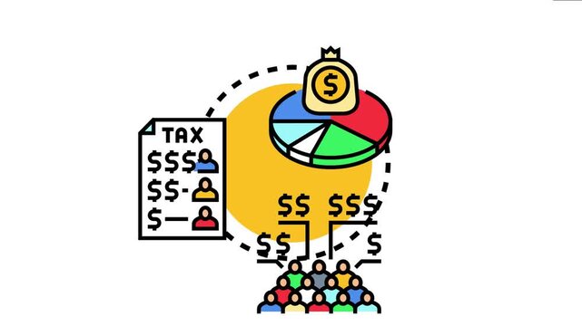 Illustrating the per capita gross domestic product income concept with a pie chart representing total wealth, a group of people, and a tax document outlining individual earnings
