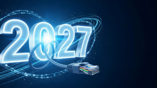 Technology concept with glowing 2027 new year number and ethernet internet network cable on dark blue background copy space