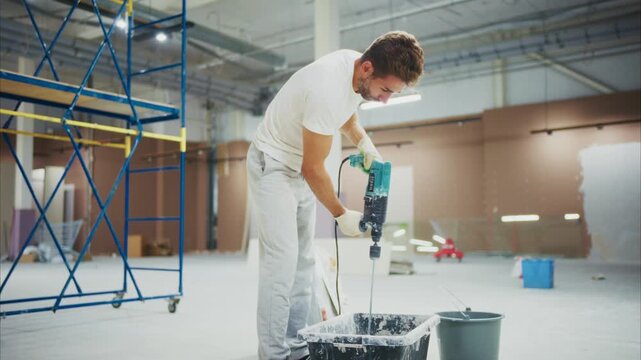 Worker mixes paint in industrial space. He wears gloves and uses a drill. Scaffolding and buckets surround him. He concentrates on mixing the paint. Great for construction or renovation projects