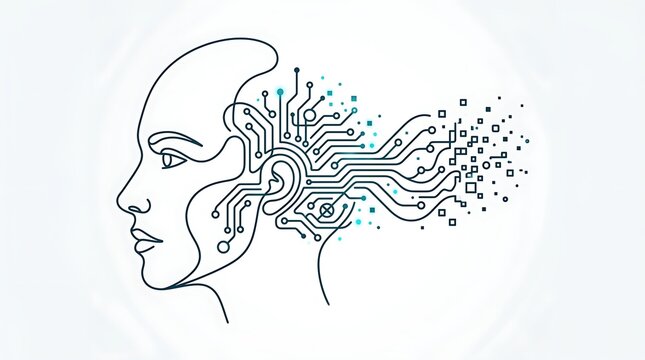 Profile of a woman head with circuit board patterns and data particles on a light off-white background style