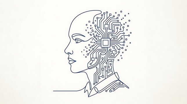 Profile of a woman head with circuit board patterns and data particles on a light off-white background style