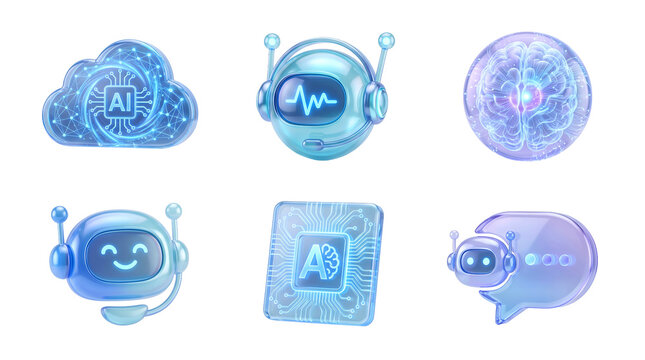 Glossy 3D AI icon set with cloud chip robot head, glowing brain chatbot bubble and processor on transparent background.
