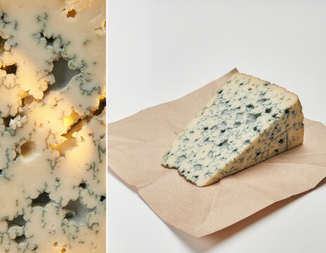 Blue cheese with distinct veining, cut and displayed on parchment