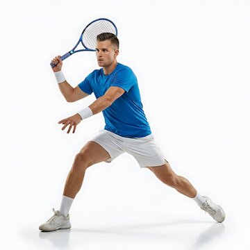 Professional tennis player in action hitting a forehand shot on a white background
