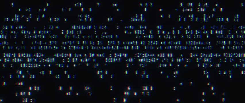Digital code symbols flicker on black background in shifting multicolored glitch patterns