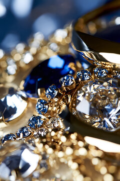 Gold jewelry shimmering with blue sapphires and clear diamonds, creating a luxurious and sparkling background