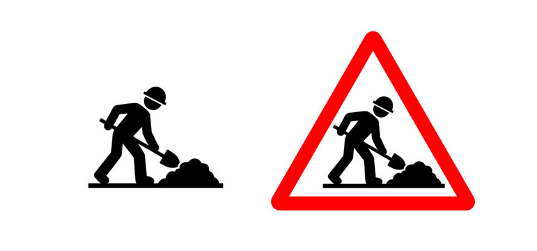 Work in progress sign icon set with roadworks warning and construction ahead symbols. Road maintenance and work zone signage in solid silhouette and red triangle