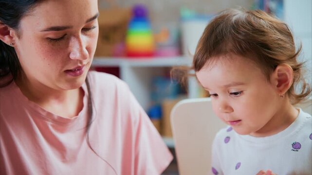 Mother and child co-create together. Hands guide play with shared focus. Young eyes watch, curious, engaged. Quiet joy fills the shared moment. Perfect for parenting, family, learning scenes