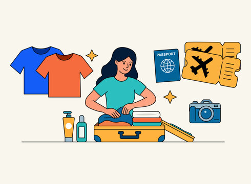 A young woman packing items needed for a trip into her suitcase, planning what to take along. Organized Suitcase and Travel Documents for Trip Planning