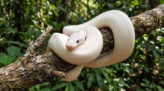 White Leucistic Ball Python wrapped around a branch