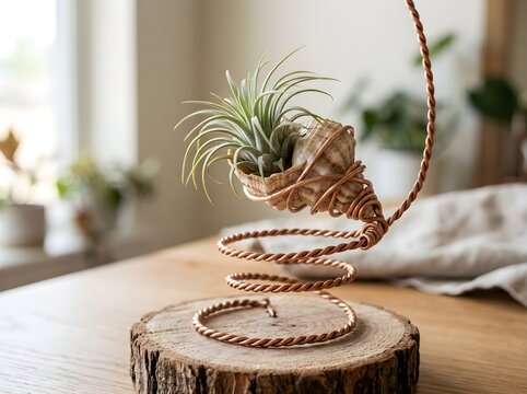 Air plant in a seashell holder on a wooden base