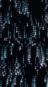 Glowing binary digits cascade vertically across a dark abstract digital background