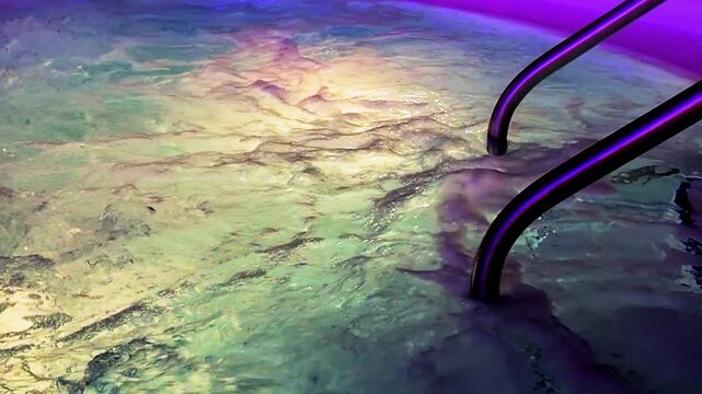Swirling Whirlpool Hot Tub Water with Colorful Ambient LED Lighting and Handrail