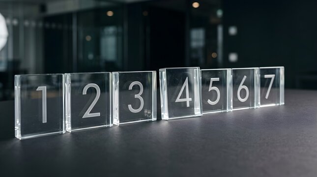 Seven clear acrylic blocks with numbers one through seven arranged in a row on a dark surface