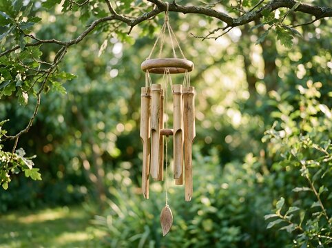Bamboo wind chimes hanging from a tree branch in a lush garden