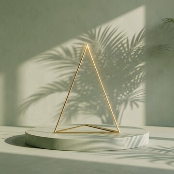 Minimalist gold triangle frame on a circular stone pedestal with palm leaf shadows