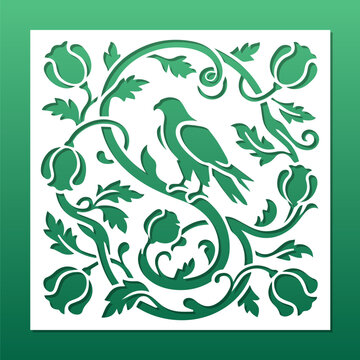 Laser cut panel. Decorative ornament, bird on paradise garden. CNC cutting stencil, engraving or carving, Floral oriental pattern. Home decor, room divider screen, tile panel. Vector illustration