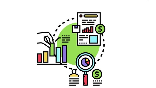 Business professionals engaging in market research, collecting and analyzing statistics, creating reports, and developing strategies for future growth and competitive advantage