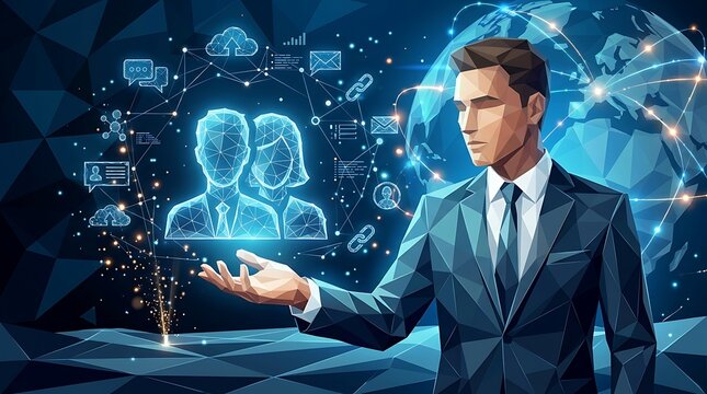 Businessman holding a glowing digital hologram of male and female avatars with global network connections