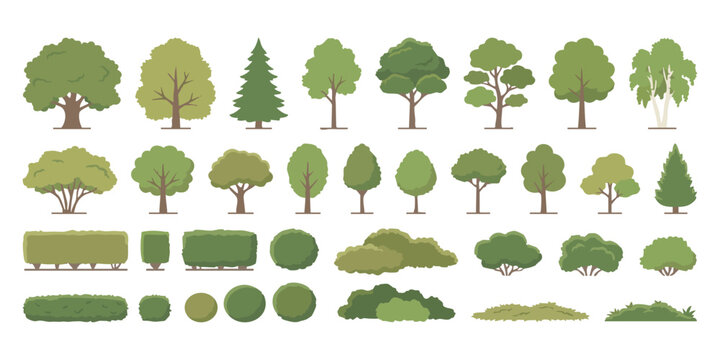 Set of flat green trees and garden bushes for landscape design and nature illustrations in a simple vector style