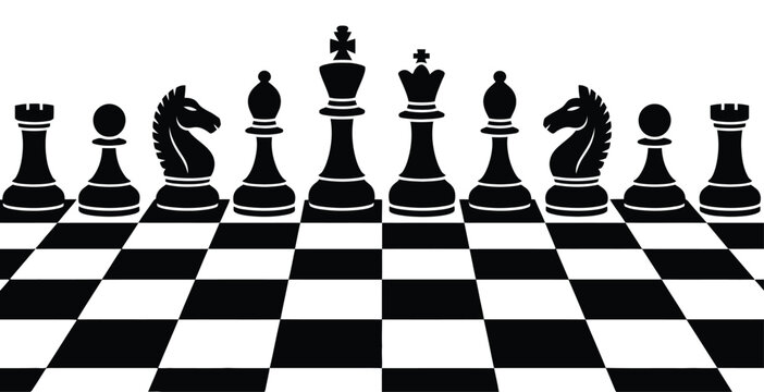 Chess pieces vector with minimal royal army shapes and checkmate strategy symbols in glyph and outline styles for logo, tutorial, and app applications.