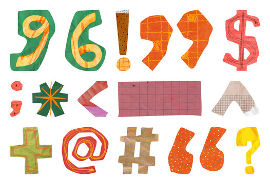 PNG Colorful patchwork punctuation symbols element set on transparent background