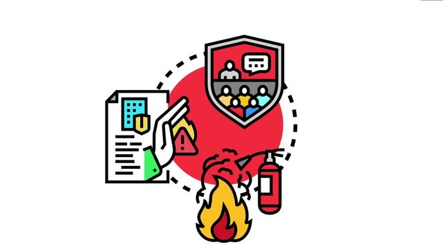 Group receiving safety education within a secure shield representing ongoing learning, preparing for risks, and ensuring incident prevention with document and fire extinguishing