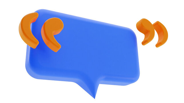Isolated 3D blue speech bubble with orange quotation marks, concept of communication and message
