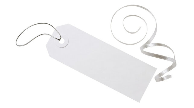 Isolated blank white gift tag with silver string and elegant curling ribbon design element