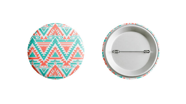 Isolated round pin badges with geometric tribal pattern in teal and coral colors, front and back view