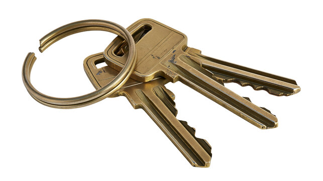 Isolated golden brass keys on a metal key ring, property access, apartment security