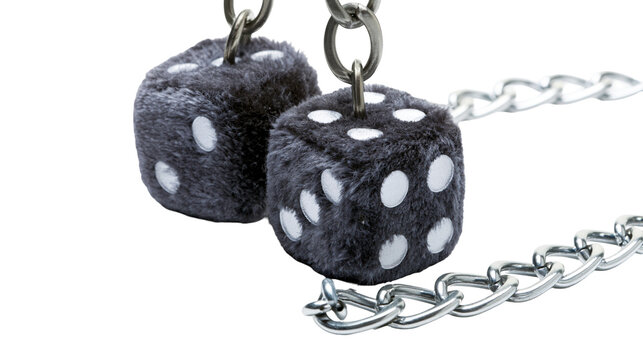 Isolated plush dark gray dice with white dots, linked by a shiny metal chain, hanging accessory.