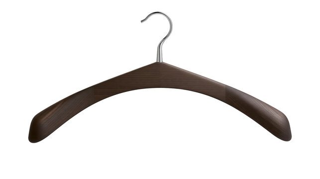 Isolated stylish dark brown wooden coat hanger with polished chrome hook for hanging garments.