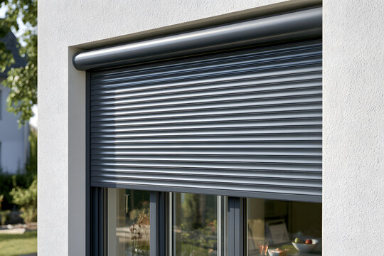 A close-up of a modern grey metal roller shutter installed near a residential window. An automatic external blind offers both home security and privacy. A protective aluminum shutter system is used to
