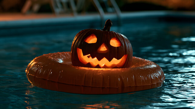 A luminous jack-o'-lantern on an inflatable ring floating in a swimming pool by night