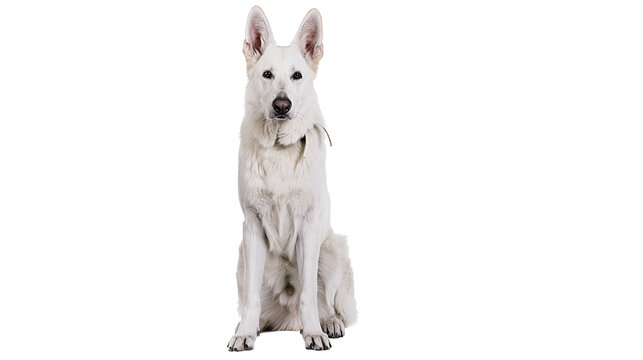 Isolated beautiful white fluffy dog sitting gracefully with an attentive gaze forward