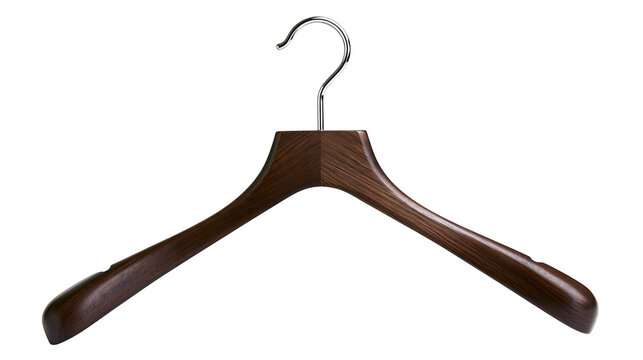 Isolated elegant dark wooden clothes hanger with a polished metal hook for garments