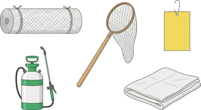 Agricultural Pest Control and Crop Protection Equipment Vector Icon Set Featuring Chemical Pressure Sprayer, Insect Net, Sticky Trap, and Protective Mesh Netting Roll