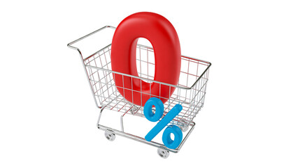 Isolated shopping cart with bold red number zero and blue percentage sign, symbolizing a special discount or zero interest offer. © ROCKETX